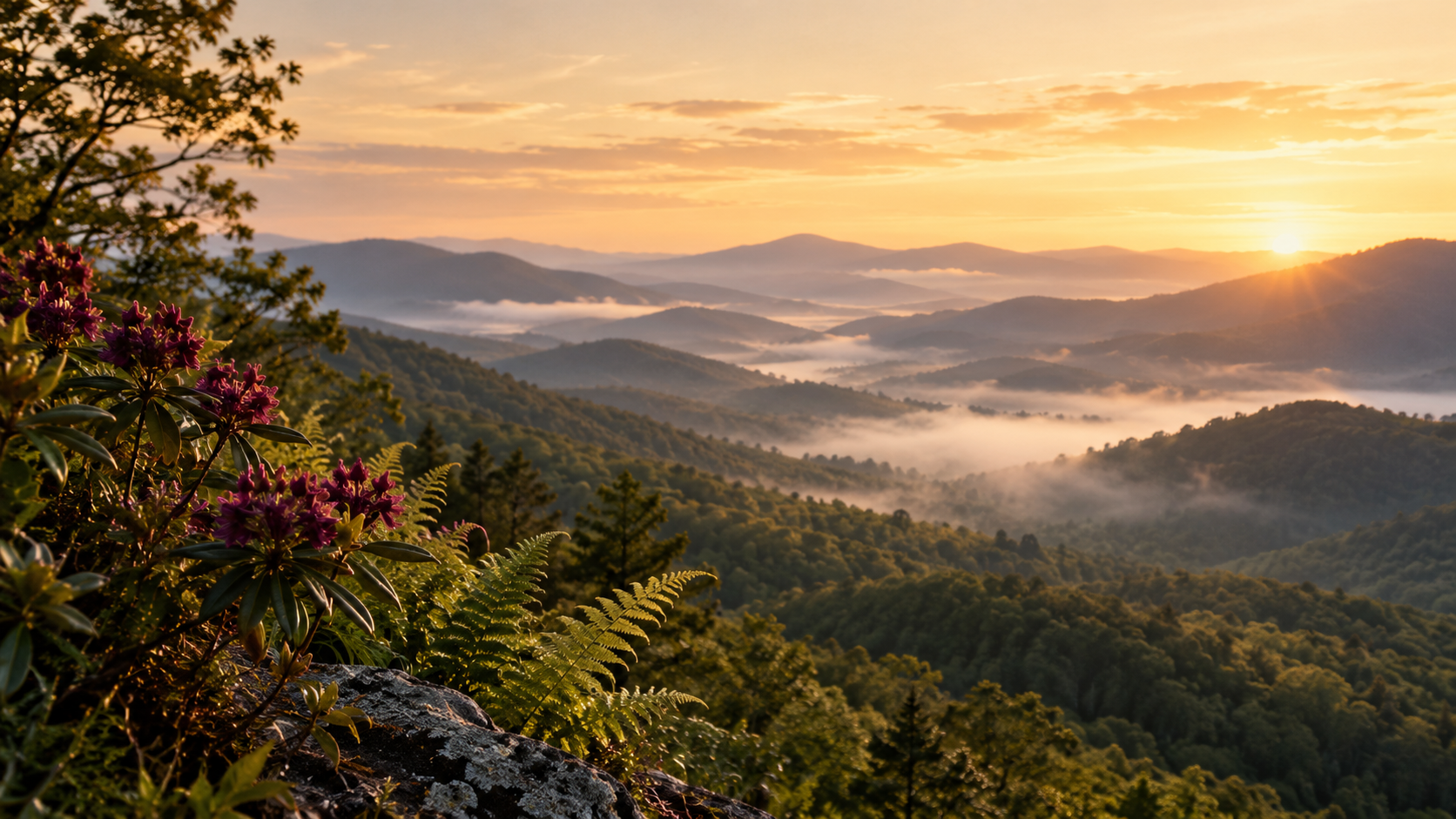 Soft dawn light over a misty mountain horizon and forested valley